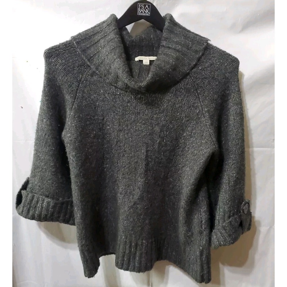 Womens Wool Mohair‎ Blend Sweater Sz Large Gray Turtleneck Boxy Wide 3/4 Sleeve